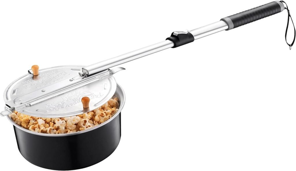 Campfire Popcorn Popper - Old Fashioned Popcorn Maker with Telescoping Handle - Camping Gear by Great Northern Popcorn (Black)