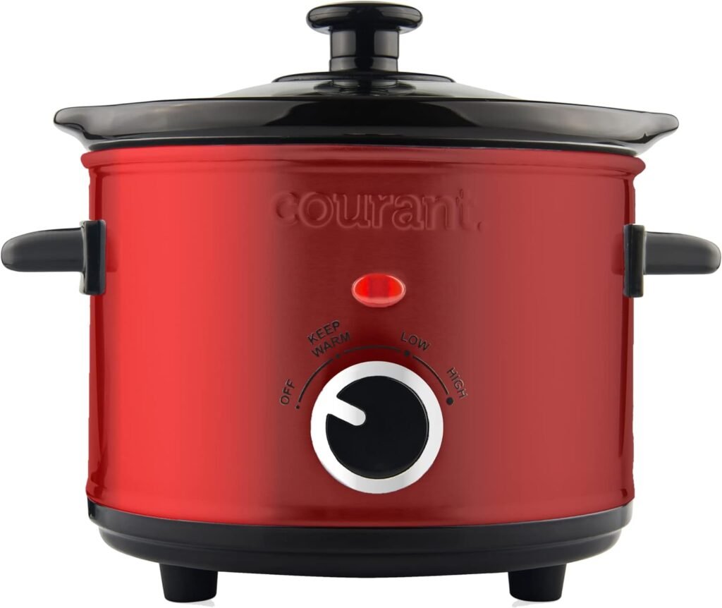 Courant Slow Cooker 3.2 Quart Crock Dishwasher Safe Stainproof Pot and Glass Lid, Round Manual Slow Cooker, Red Stainless Steel