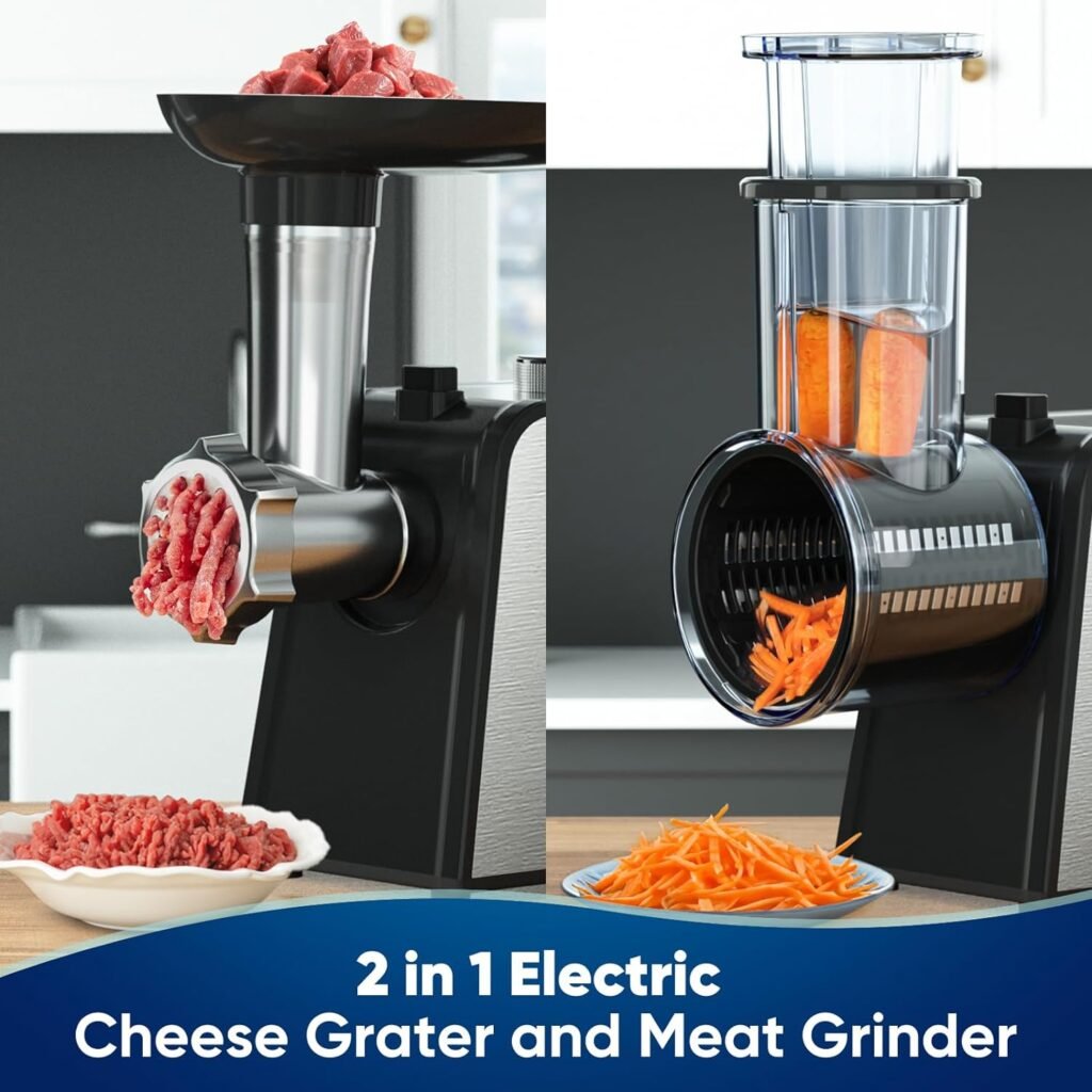 Electric Cheese Grater  Meat Grinder, 2 in 1 Electric Vegetable Cutter and Meat Grinder for Kitchen, Electric Salad Shooter, Fruit Slicer, Sausage Stuffer Maker (10 Accessories)