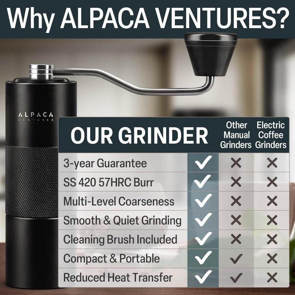 Manual Coffee Grinder by Alpaca Ventures - Stainless Steel Conical Burr Coffee Grinder Manual with Adjustable Setting Double Bearing Hand Espresso Grinder Perfect for Home, Office, and Camping