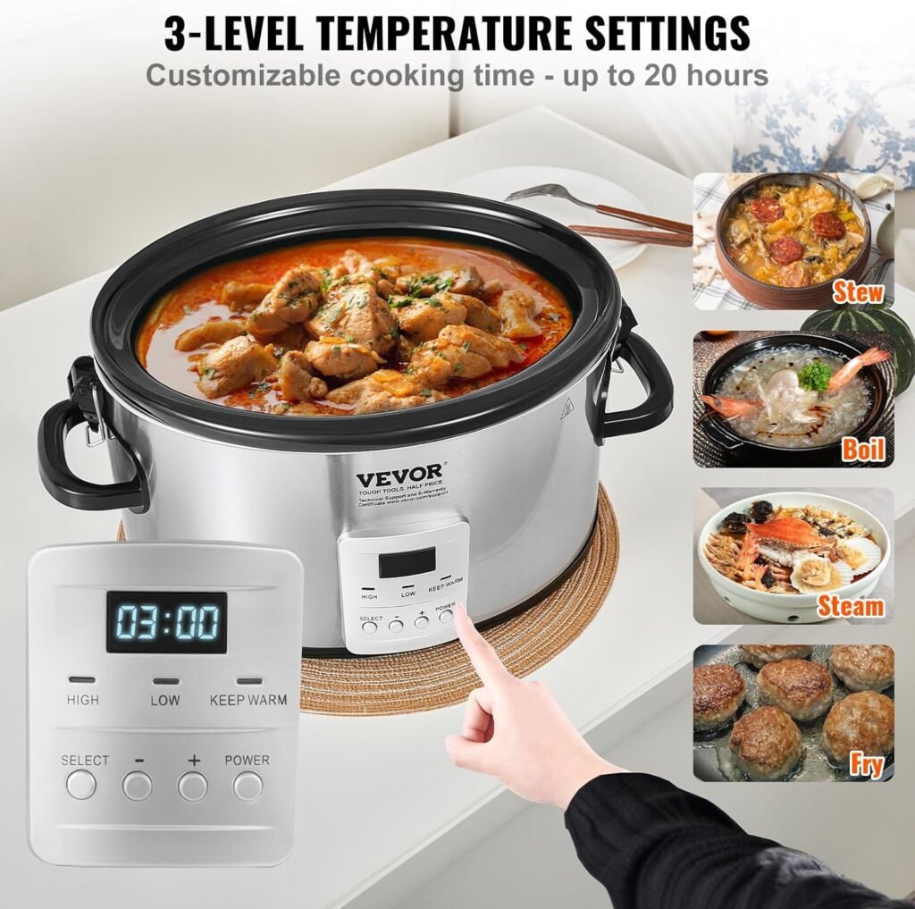 VEVOR Slow Cooker, 7QT 280W Electric Slow Cooker Pot with 3-Level Heat Settings, Digital Slow Cookers with 20 Hours Max Timer, Locking Lid, Ceramic Inner Pot for Home/Commercial Use