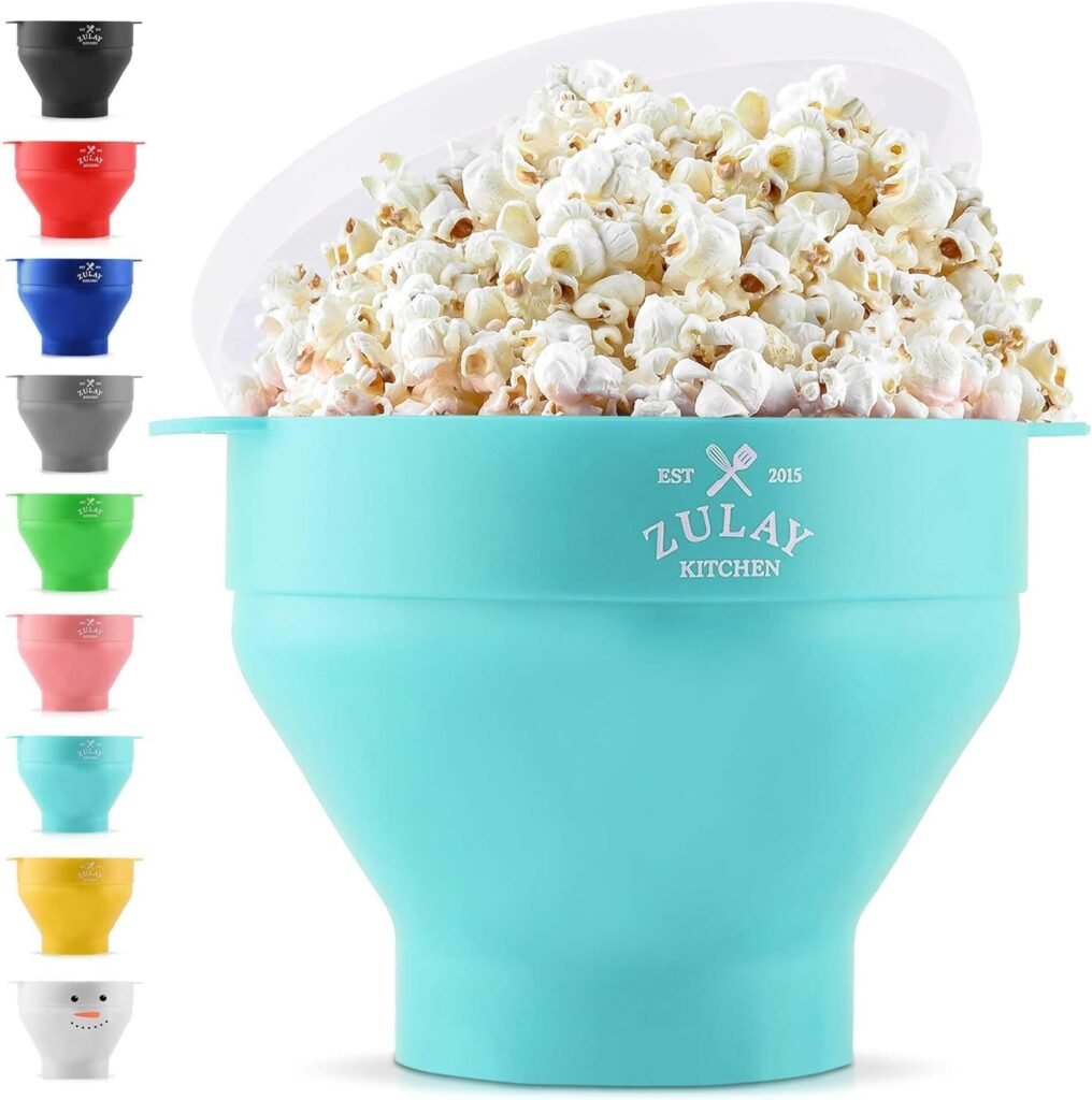 Zulay Kitchen Large Microwave Popcorn Maker - BPA-Free Silicone Popcorn Popper - Microwave Collapsible Bowl With Lid - Family Size Microwave Popcorn Bowl - 15 Popcorn Cup Capacity (Aqua)