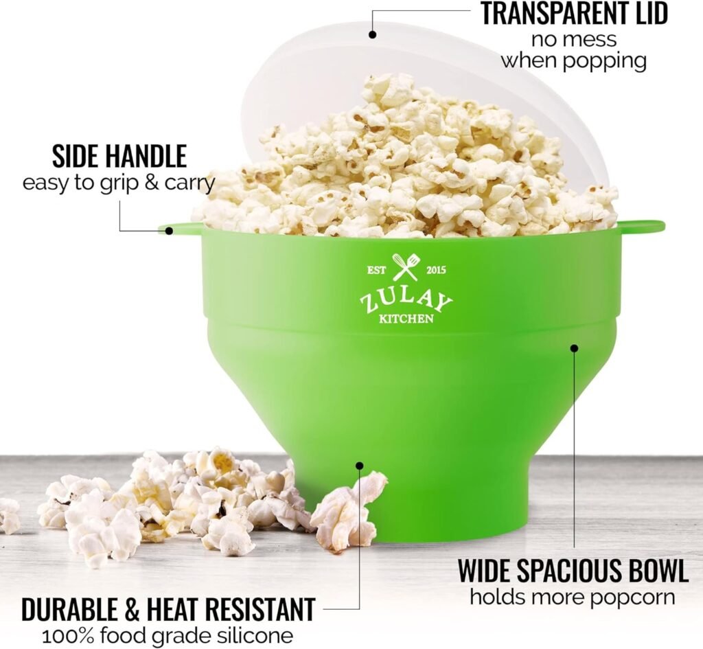 Zulay Kitchen Large Microwave Popcorn Maker - BPA-Free Silicone Popcorn Popper - Microwave Collapsible Bowl With Lid - Family Size Microwave Popcorn Bowl - 15 Popcorn Cup Capacity (Aqua)