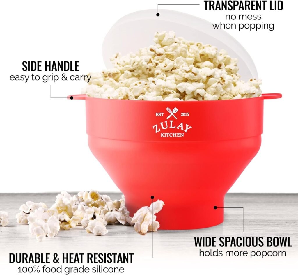 Zulay Kitchen Large Microwave Popcorn Maker - BPA-Free Silicone Popcorn Popper - Microwave Collapsible Bowl With Lid - Family Size Microwave Popcorn Bowl - 15 Popcorn Cup Capacity (Aqua)