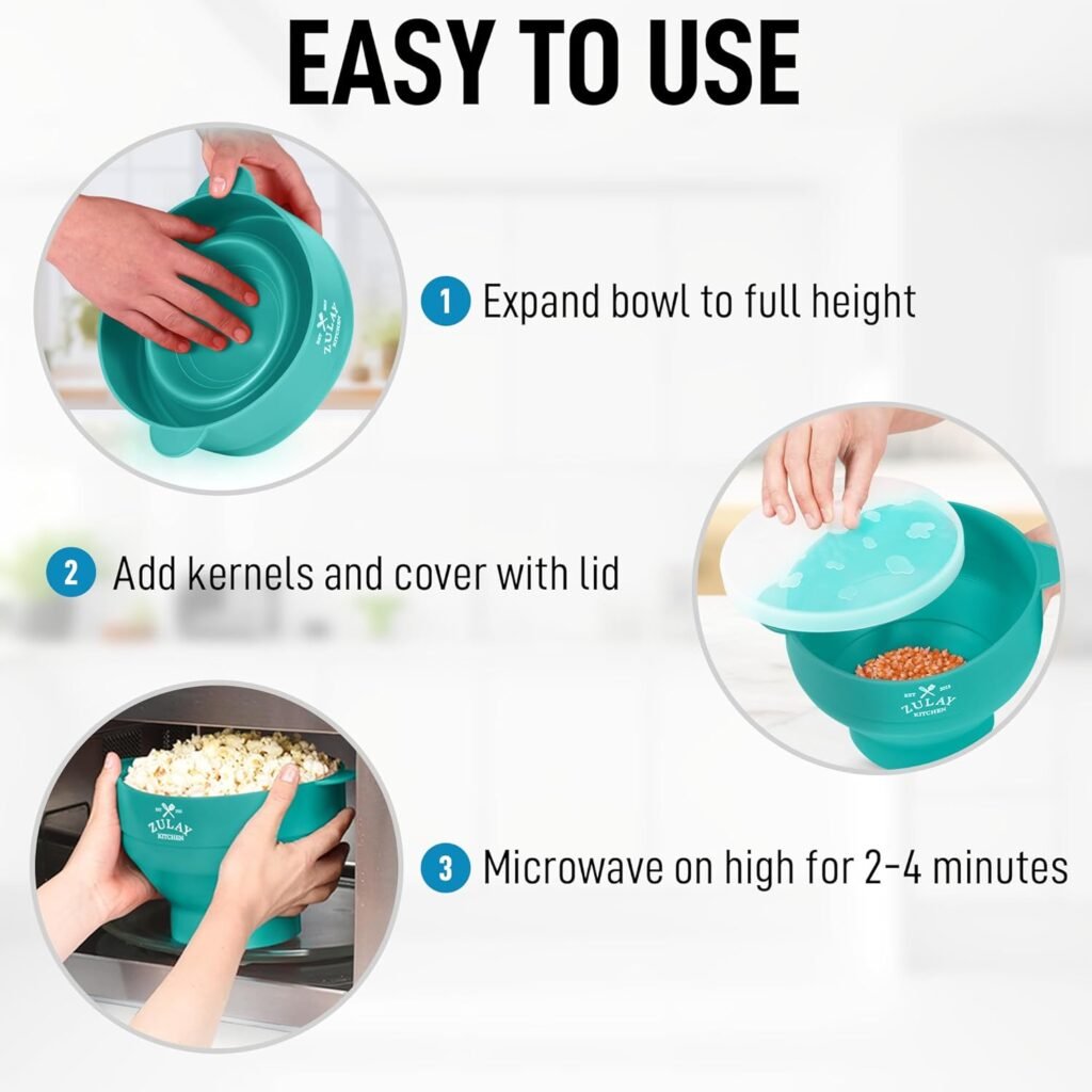 Zulay Kitchen Large Microwave Popcorn Maker - BPA-Free Silicone Popcorn Popper - Microwave Collapsible Bowl With Lid - Family Size Microwave Popcorn Bowl - 15 Popcorn Cup Capacity (Aqua)