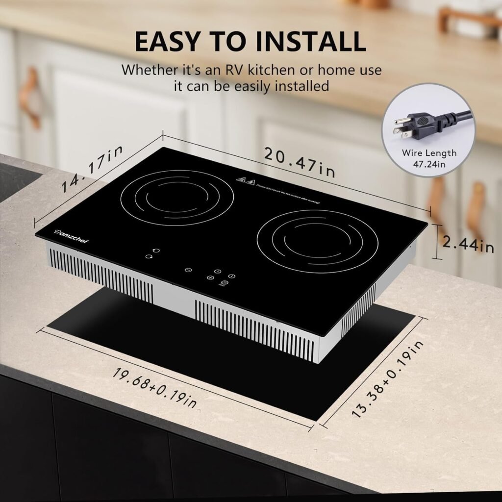 Double Induction Cooktop AMZCHEF Induction Stove Top 2 Burners for RV, Built-in Electric Cooktops With 9 Power Levels, Sensor Touch, 99-min Timer, Safety Lock, Ceramic Glass, 120V, Shared 1800W