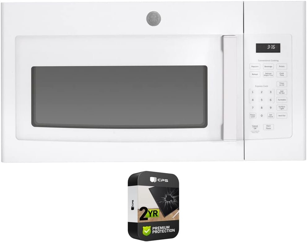 GE JVM3160DFWW 1.6 Cu. Ft. Over-the-Range Microwave Oven White Bundle with Premium 2 YR CPS Enhanced Protection Pack