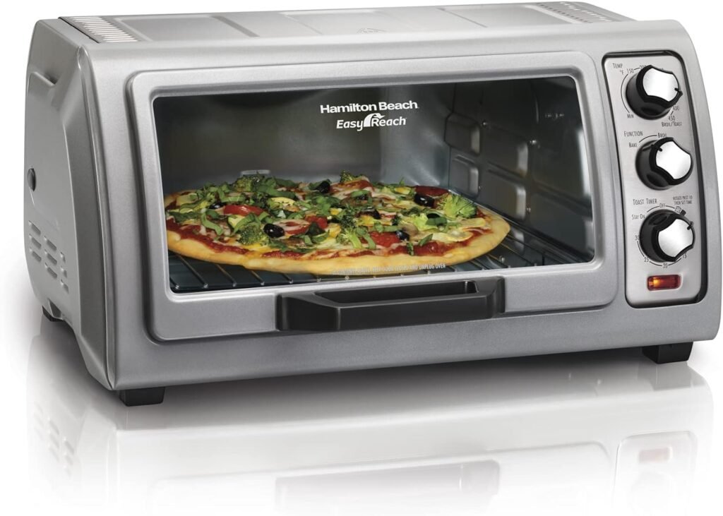 Hamilton Beach 6 Slice Countertop Toaster Oven With Easy Reach Roll-Top Door, Bake, Broil  Toast Functions, Auto Shutoff, Silver (31127D)