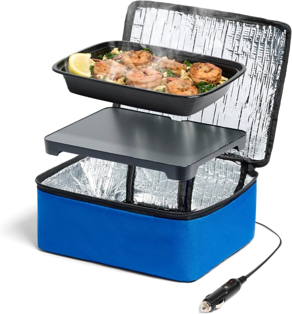 HOTLOGIC Mini Portable Electric Lunch Box Food Heater - Innovative Food Warmer and Heated Lunch Box for Adults Car/Home - Easily Cook, Reheat, and Keep Your Food Warm - Blue (12V)