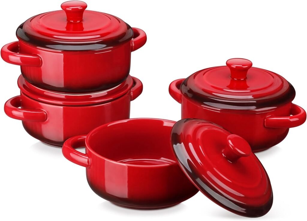 LOVECASA Mini Cocotte Set,14 OZ Small Casserole Dishes with Lids, Soup Bowls With Handles,Individual Baking Ramekins,Oven, Microwave  Dishwasher Safe,Set of 4,Red