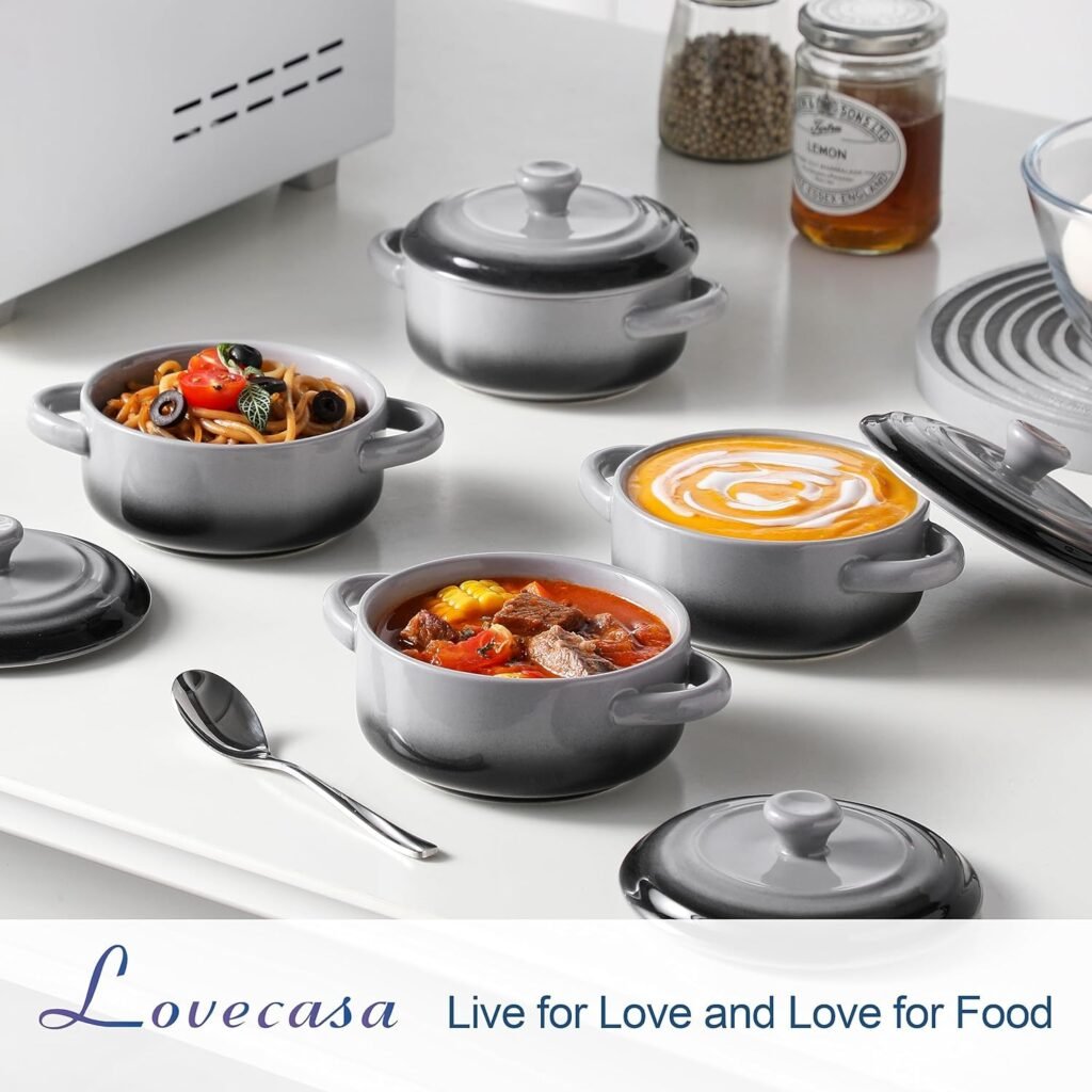 LOVECASA Mini Cocotte Set,14 OZ Small Casserole Dishes with Lids, Soup Bowls With Handles,Individual Baking Ramekins,Oven, Microwave  Dishwasher Safe,Set of 4,Red