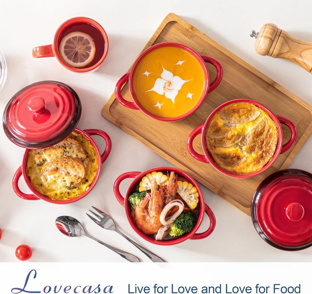 LOVECASA Mini Cocotte Set,14 OZ Small Casserole Dishes with Lids, Soup Bowls With Handles,Individual Baking Ramekins,Oven, Microwave  Dishwasher Safe,Set of 4,Red