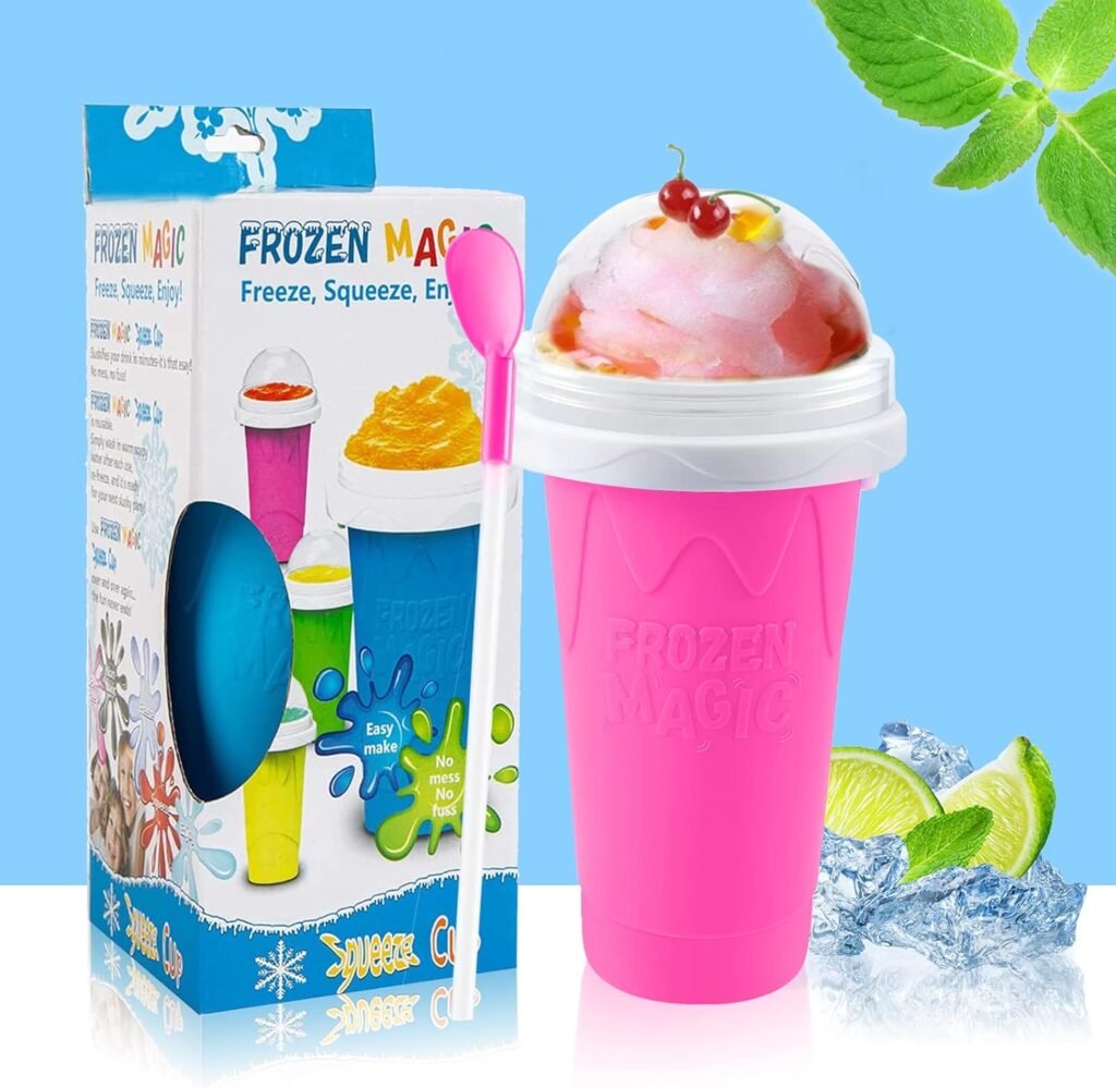 QwayHome 2PC Slushie Maker Cup,DIY Frozen Magic Slushy Cup,Double Layers Silica Smoothie Pinch Ice Cup,Quick Cooling Cup Homemade Milk Shake Ice Cream Maker (Blue+Green)