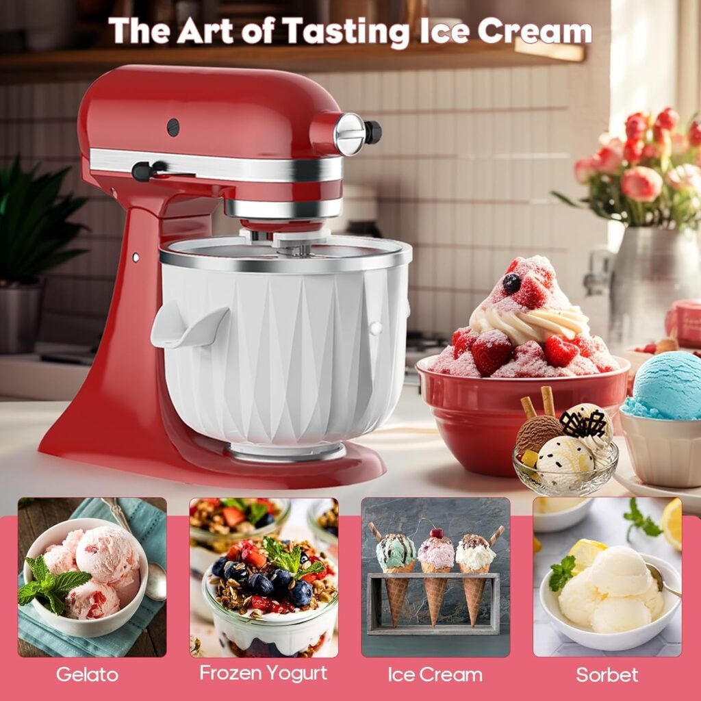 TPGSING Ice Cream Maker Attachment for KitchenAid Stand Mixer, Compatible with 4.5Qt and Larger Stand or Tilt Mixers, 2 QT Frozen Yogurt Gelato  Sorbet Ice Cream Bowl for Kitchenaid Mixer Attachments