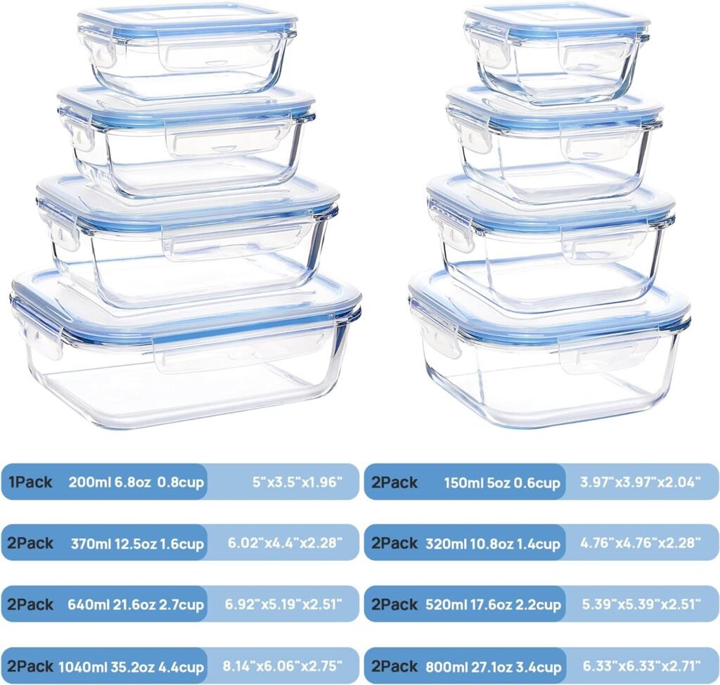 Vtopmart 15 Pack Glass Food Storage Containers with Lids, Glass Meal Prep Containers, Airtight Glass Bento Boxes with Leak Proof Locking Lids, for Microwave, Oven, Freezer and Dishwasher, BPA Free