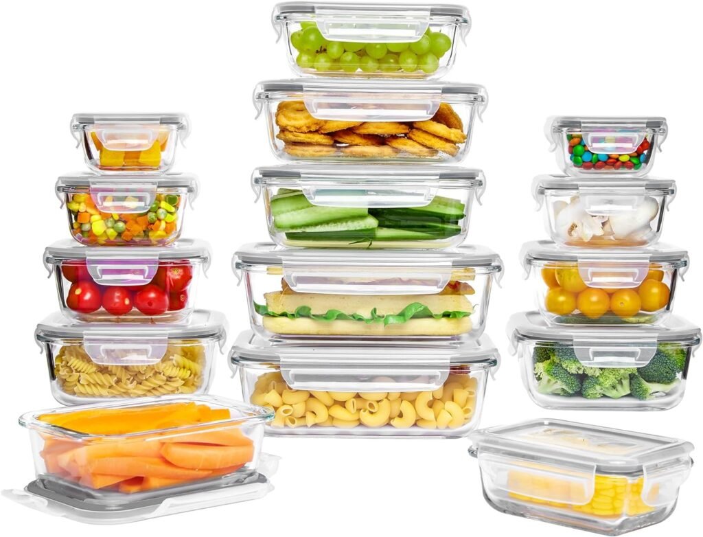 Vtopmart 15 Pack Glass Food Storage Containers with Lids, Glass Meal Prep Containers, Airtight Glass Bento Boxes with Leak Proof Locking Lids, for Microwave, Oven, Freezer and Dishwasher, BPA Free